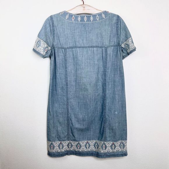 Madewell Short Sleeve Dress Blue Aztec Embroidery Tribal Boho Denim Chambray XS - Picture 5 of 6